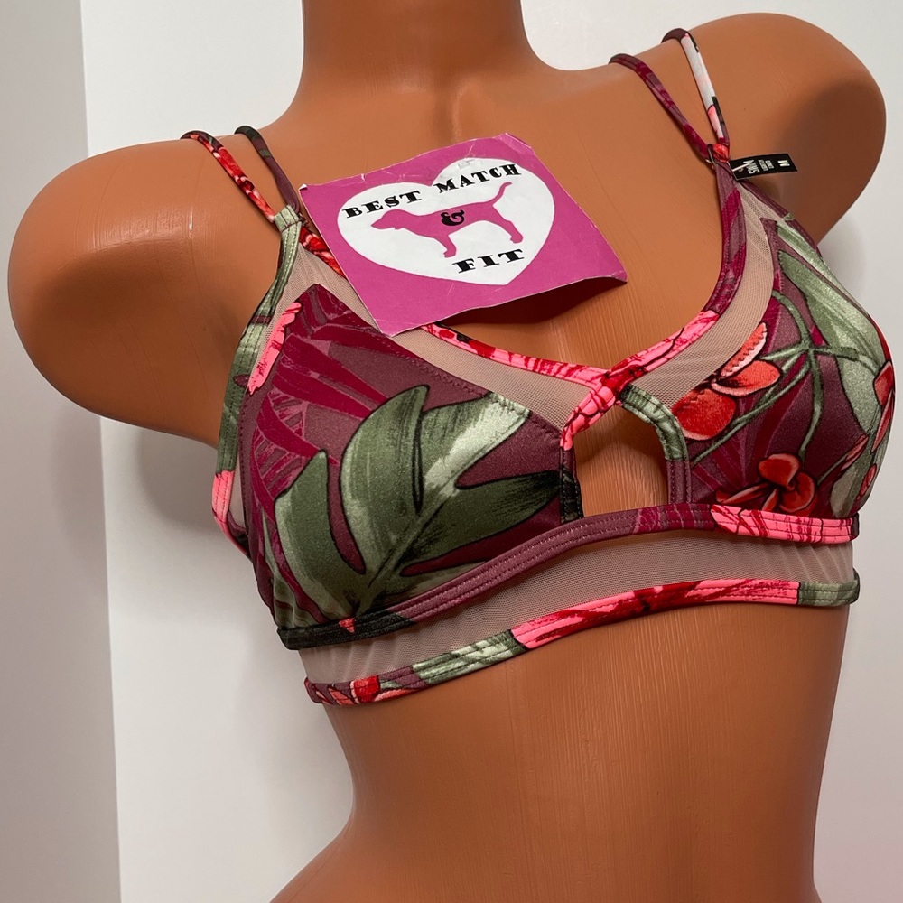 Victoria’s Secret PINK S M Logo Bathing Suit Top Floral Mesh Tropical Lined